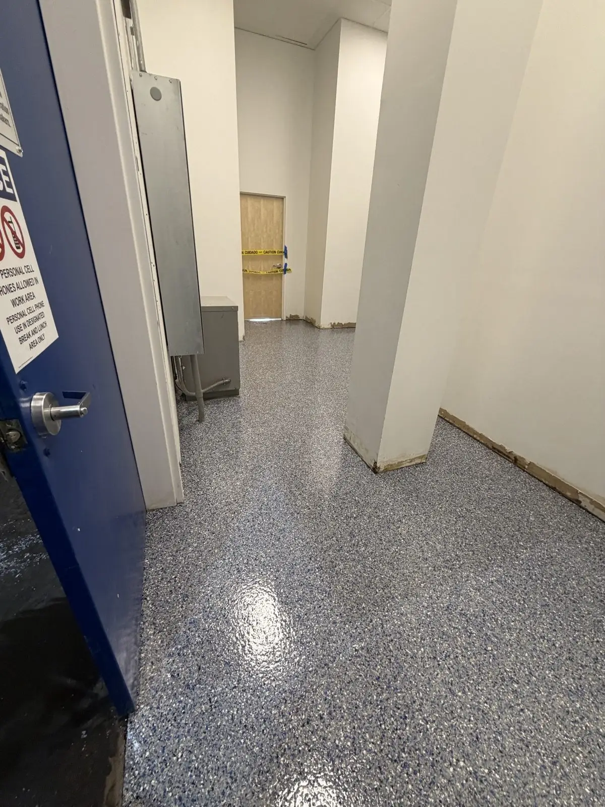 Premium blue gray flake epoxy floor close-up